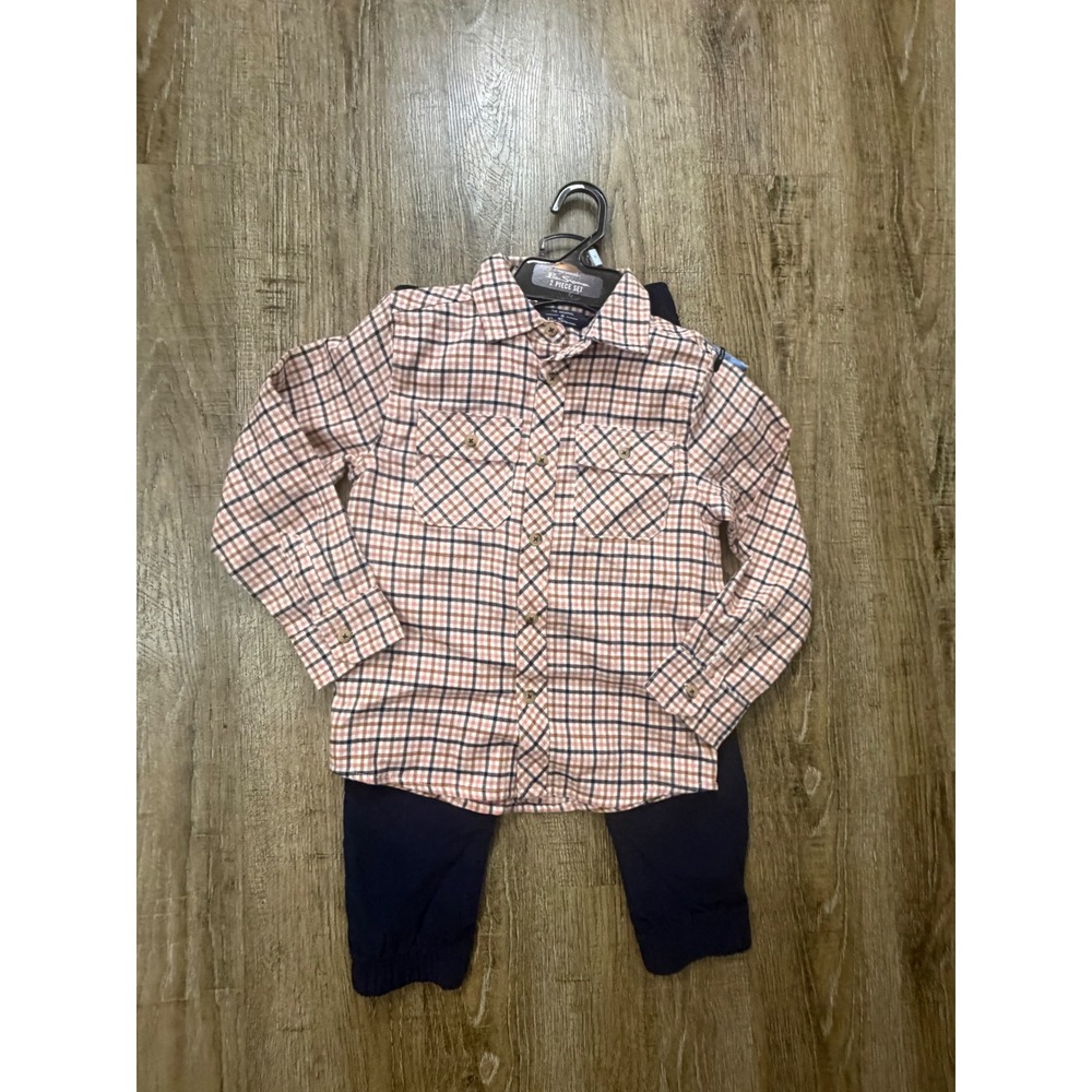 Ben Sherman Boys 2 Piece Set Plaid Button Down Shirt and Navy Joggers Size 5